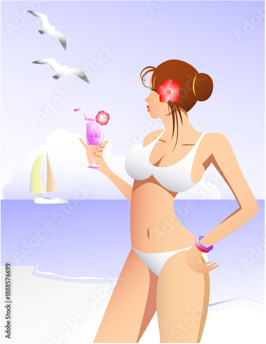 ビーチでカクテルをもつ女性