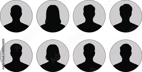 Diverse group of anonymous people profile avatars displayed in grey circles on a clean white background