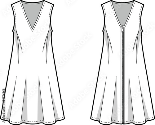 Front and back technical flat of a sleeveless A-line dress with aV-neck and subtle pleating, featuring a central zipper closure on the back view