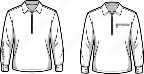 Pair of white long-sleeved polo shirts in flat style, one with a full front zipper and the other with a partial zipper and chest pocket