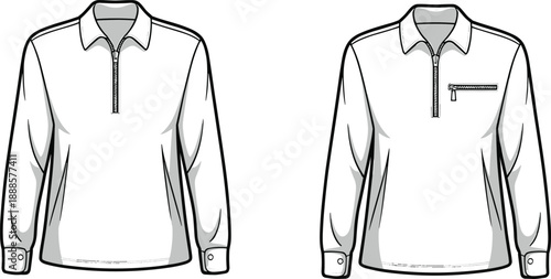 Two contrasting flat of white long-sleeved polo shirts with different zipper placements and pocket details