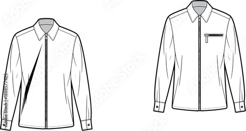 Two flat of white long-sleeved shirts, one with a full front zipper and the other with a zippered chest pocket detail
