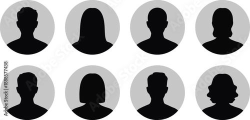 Eight black silhouette profile avatars inside gray circles representing varied male and female hairstyles