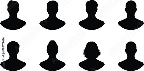Eight black silhouette avatars displaying diverse male and female hairstyles on a clear white background
