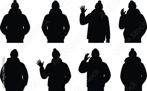 Eight black silhouettes portraying individuals wearing winter jackets and beanies in various poses