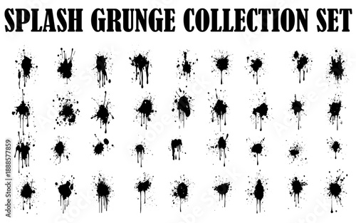 Vector illustration. Set of simple black sloppy Blots Isolated on white background. Hand drawn Splat of Ink.  Big collection of black splash