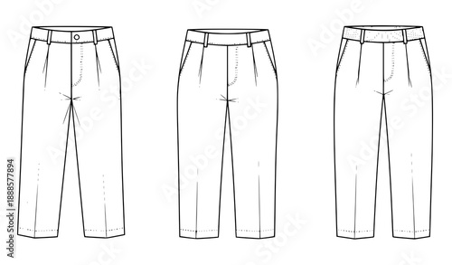 Vector Flat Fashion Templates of Pants Front View with Single Pleat, Double Pleat, and Self-Extended Waistband for Men, Women, and Unisex