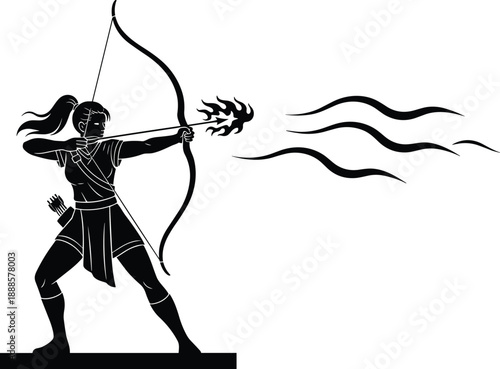 Silhouette of a female archer aiming a flaming arrow with a longbow featuring dynamic wind or smoke effects for fantasy, warrior, and mythological concepts