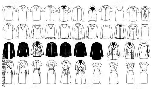 Vector Flat Fashion Templates of Men’s and Women’s Tops, Jackets, Blouses, Coats, and Dresses with Openings Front View