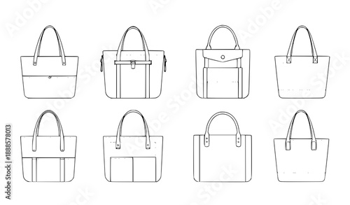 Vector Flat Technical Illustration of Tote Bags for Men, Women, and Unisex Front and 3-4 View