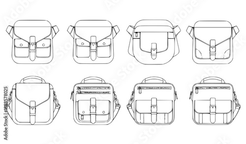 Technical Flat Vector Illustration of Belt Bags and Satchels Front and 3-4 View for Men, Women, and Unisex