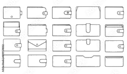 Flat Vector Technical Fashion Illustration of Wallets, Cases, and Business Card Holders Front and 3-4 View for Men, Women, and Unisex