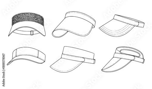 Vector Flat Technical Illustration of Sun Visor Caps for Men and Women: Embellished, Natural, Sport, Transparent