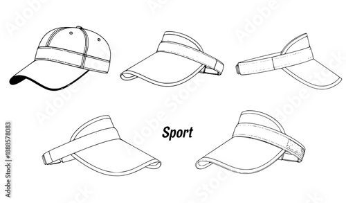 Technical Flat Vector Illustration of Sun Visor Caps: Embellished, Natural, Sport, Transparent for Men and Women