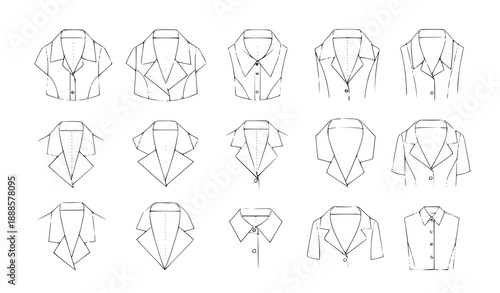 Vector Flat Fashion Templates of Lapels and Collars for Tops, Shirts, Jackets, Blouses, and Coats Front View for Men, Women, and Unisex