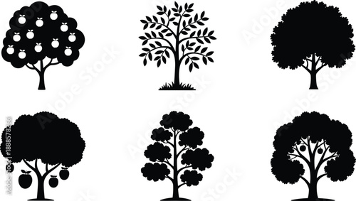 Tree silhouette vector collection, fruit and deciduous trees icons, nature forest illustration set, black botanical design elements