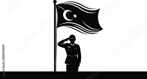 Silhouette of a Turkish soldier in military uniform saluting the waving national flag of Turkey with crescent and star symbol representing patriotism and national pride
