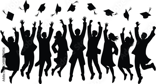 Energetic graduating students jump with arms raised, tossing their academic caps in celebration