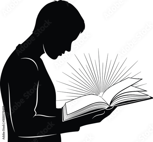 Silhouette of a Young Man Reading an Open Book with Radiant Light Rays Emanating from Pages Representing Knowledge Education Inspiration Wisdom and Spiritual Enlightenment