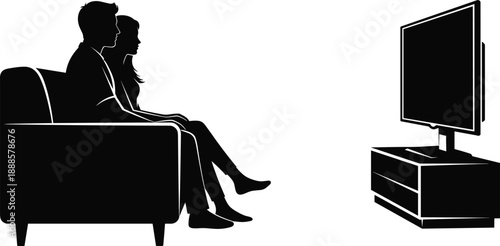 Silhouette of a Young Couple Sitting on a Cozy Sofa Watching Television in a Living Room Isolated on a White Background for Interior Design Projects