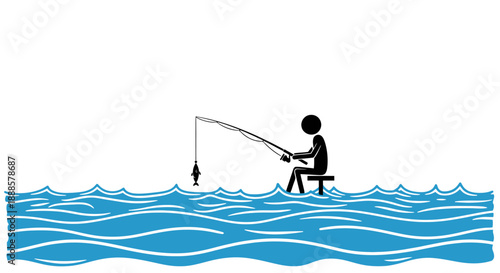 Stick figure fisherman catches a fish on a sunny day.