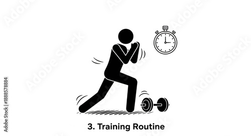 Stick figure exercising with weights and stopwatch.