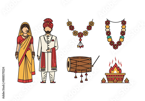 Illustrative representation of traditional Indian wedding ceremony elements, depicting cultural celebration rituals, attire, and auspicious objects