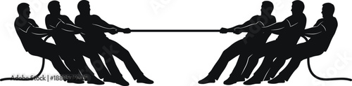 This black silhouette illustration of two teams in a tug of war competition representing business conflict, teamwork, power struggle, rivalry, and collaborative group effort.