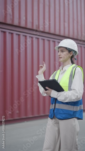 Professional female logistics engineer in a safety helmet and high-visibility vest using a tablet while pointing during an inspection at a shipping container terminal.