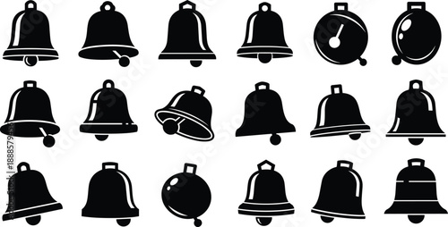 Diverse collection of black bell shapes and alarm clock icons on a white background, symbolizing time and communication.