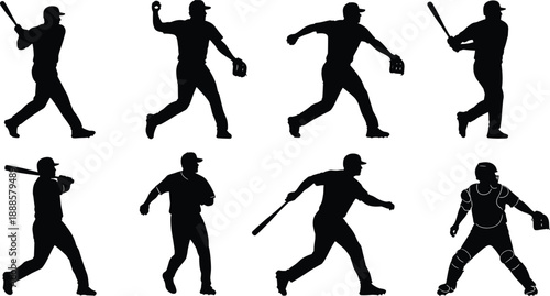Silhouettes of baseball players in action on a white background, capturing the dynamic movements of batting and pitching.