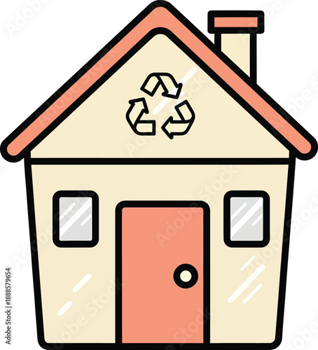 Recycling Bin Shaped Like Tiny House Pastel Beige And Coral Minimalist Flat Vector Illustration