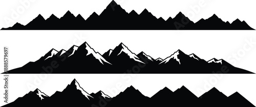 Collection of three distinct mountain range silhouettes, featuring sharp peaks and dramatic rocky outlines for graphic design.