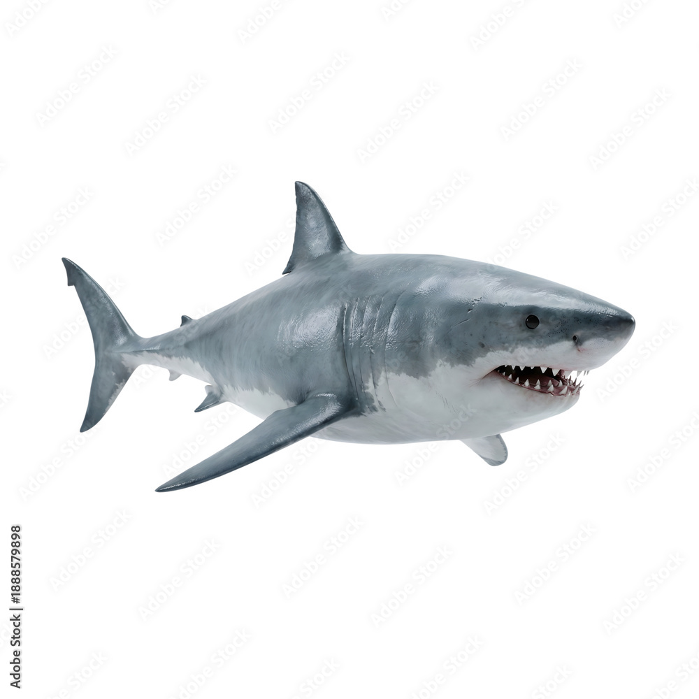 Obraz premium Realistic white shark balloon animal inflatable with sharp teeth and open mouth isolated on transparent background
