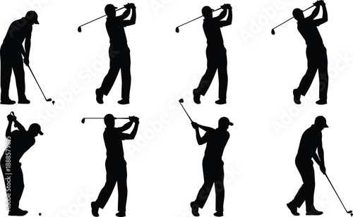 Collection of golfer silhouettes in various stages of the swing, from preparation to follow-through, on a white background.