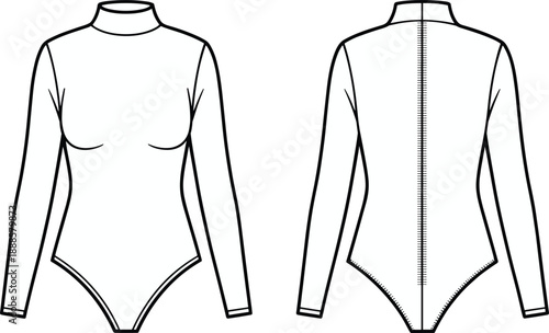 Long sleeve bodysuit technical sketch, fashion flat drawing, high neckline, zipper back, front and back view, apparel vector illustration