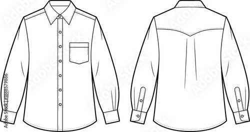 Long sleeve button-up shirt technical sketch, fashion flat drawing, western yoke detail, front and back view, apparel vector illustration