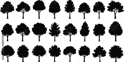Collection of diverse tree silhouettes, showcasing various shapes and foliage types for natural design elements.