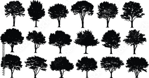 Assortment of distinct black tree silhouettes on a white background, showcasing varied forms for graphic design and environmental themes.