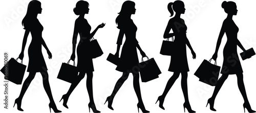 Silhouettes of five fashionable women walking with shopping bags, representing consumerism and retail therapy.