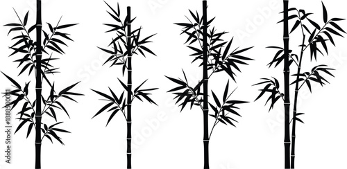 Collection of four black bamboo plant silhouettes featuring segmented stalks and lush foliage on a white background for decorative use.