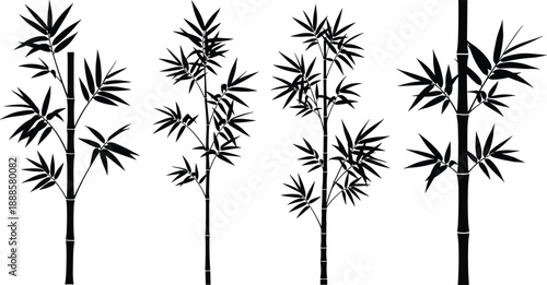 Four black bamboo plant silhouettes with detailed leaves and segmented stalks on a white background, perfect for Asian-themed designs.