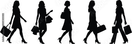 Silhouettes of five diverse women carrying shopping bags, showcasing fashion and the act of purchasing goods.