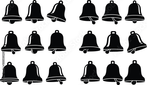 Collection of black silhouette icons of various bell shapes and sizes, isolated on a white background, vector graphics.