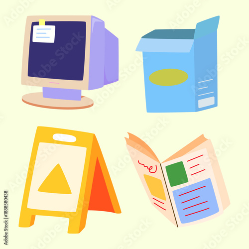 old things icon of computer, dairy product, wet floor sign, and newspaper great use for graphic resource purpose