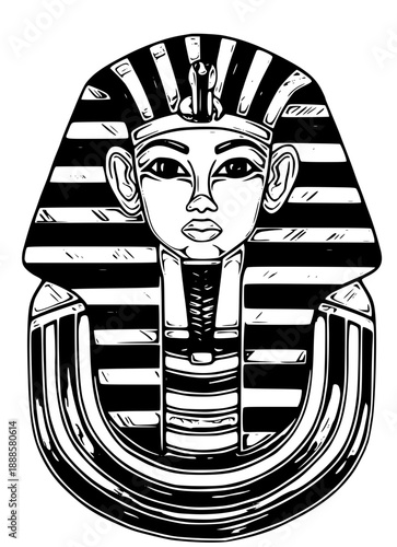 Ancient Egyptian pharaoh mask in black and white