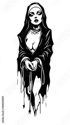 Sultry nun with exposed cleavage and hands forming heart shape