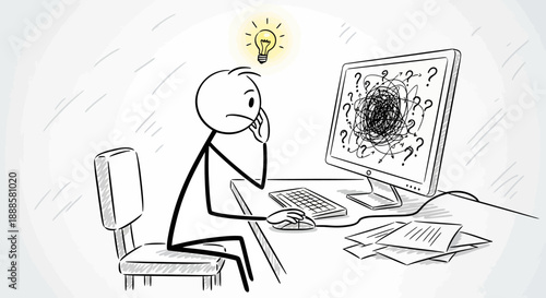 Stick figure confused by computer screen with question marks and scribbles.