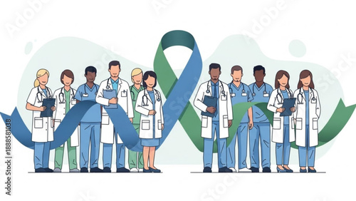 Diverse group of medical professionals standing with blue and green awareness ribbon for health campaign