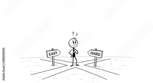 Stick figure confused at crossroads with easy and hard path signs.